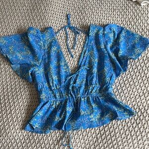 Lush Blue Plunge V-Neck Flutter Sleeve Blouse with Tie Front